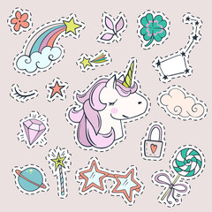Vector set of magic stickers. Cute unicorn, Ursa Major, shooting star, magic wand, diamond and other fashion patch badges.