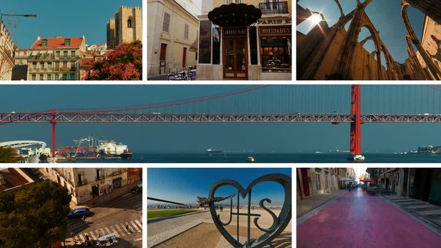 The Lisbon Collection: A video postcard of some of the most famous landmarks of Lisbon, Portugal during daytime, including Ponte 25 de Abril suspension bridge and Pink Street