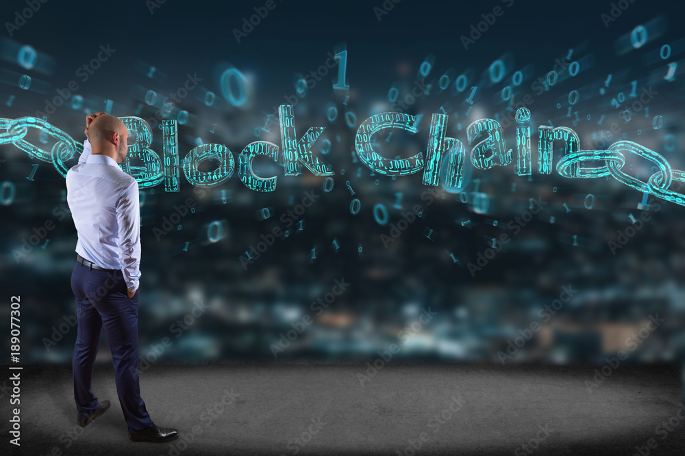 Poster businessman in front of a wall with blockchain title with a chain made of data number - 3d render