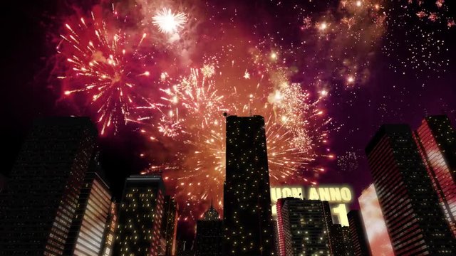 Seamless looping 3d animated skyline with fireworks in the sky and the 3d text &bdquo;Buon Anno (happy new year in Italian) 2031&rdquo; in 4K resolution