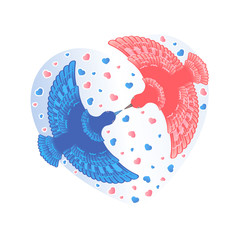 Set of couple of color loving birds, kissing inside heart shape, hand-written inscription - Be my Valentine. Vector graphic illustration, isolated on background, card, banner for Happy Valentine's Day