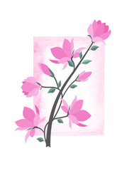 Vector illustration pink flowers with watercolor frame. Spring magnolia flowers branch