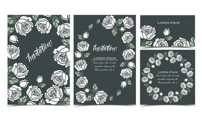 Vector illustration of a background with white roses, decorative frame with roses and leaves. Set of greeting cards
