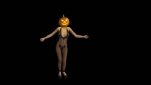 happy halloween, a girl with a pumpkin on her head dancing, anim, Alpha chanel