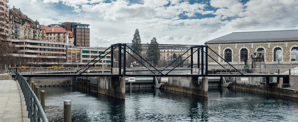 The dam on the Rhone river, in Geneva city center.