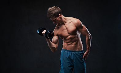 Obraz na płótnie Canvas Athletic shirtless male biceps dumbbell workout.