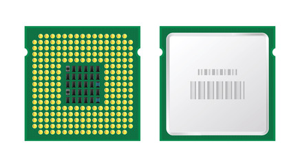 Processor icons of front and back sides. Modern multi core CPU. Vector illustration