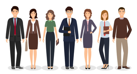 Group of business working people standing together on white background. Office employee in different poses.