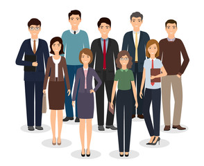 Group of business people standing together on white background. Office employee in different poses and casual clothes.