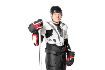 Smiling hockey player in safety gear isolated on white background.