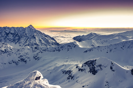 Beautiful mountain sunset panorama, winter Tatra mountains, Poland