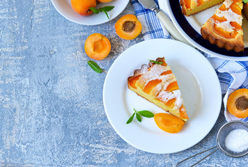 Homemade cake with apricots and nectarines on a concrete background.