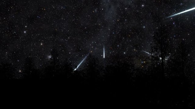 An example of a rare meteor storm, silhouetted by a forest.  Available in 4K UHD