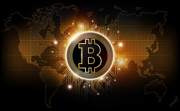 Golden bitcoin digital currency on world map, futuristic digital money, technology worldwide network concept, vector illustration