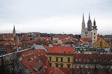 Obraz premium Zagreb,Croatia,Europe,cityscape with old roofs,and Cathedral,1