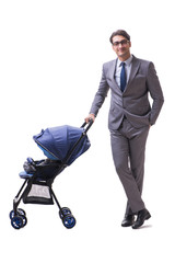 Young businessman nursing child in pram isolated on white