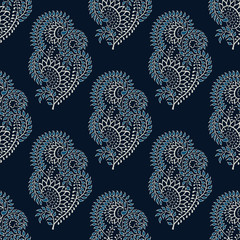 Seamless indigo dye woodblock printed paisley pattern. Traditional oriental ethnic ornament of India, ecru on navy blue background. Textile design. - 189084741