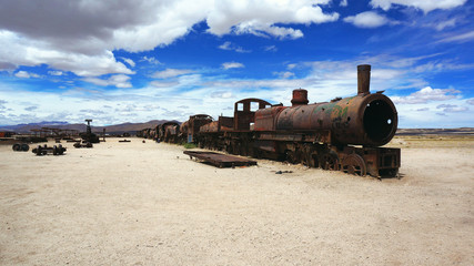 Rusty old locomotive at the Train Cemetery, Salar de Uyuni, Altiplano of Bolivia
