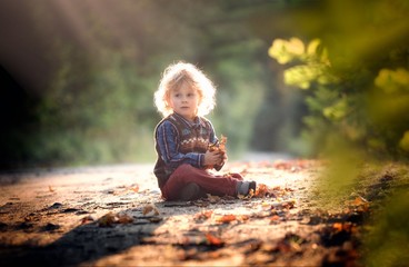 Small boy playing in outdoor in autumnal light