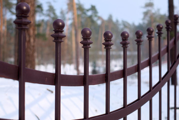 Beautiful wrought fence. Image of a decorative cast iron fence. metal fence close up. Metal Forged...