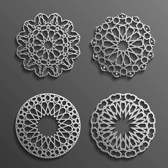 Islamic ornament vector , persian motiff . 3d ramadan round pattern elements . Geometric logo template set. Circular ornamental arabic symbols .