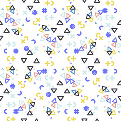 Fototapeta na wymiar Abstract seamless vector pattern for girls, boys, clothes. Creative background with dots, geometric figures Funny wallpaper for textile and fabric. Fashion style. Colorful bright