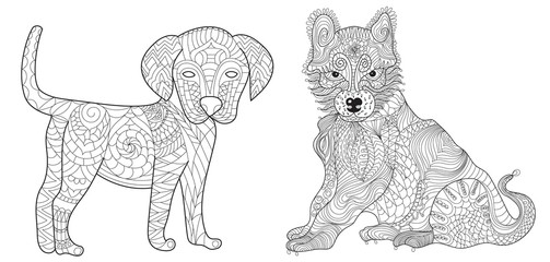Set 2 dogs anti stress vector coloring book for adult, children. Ornament puppy, labrador, husky.  with doodle and zen tangle elements.Freehand ethnic drawing for logo template, decorative piece, page