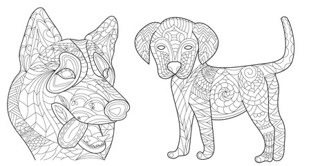 Set 2 dogs anti stress vector coloring book for adult, children. Ornament puppy, labrador, husky.  with doodle and zen tangle elements.Freehand ethnic drawing for logo template, decorative piece, page