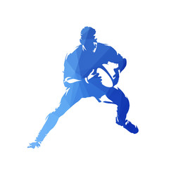 Rugby player running with ball in hands. Abstract geometric blue vector silhouette