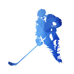 Skating ice hockey player, abstract blue geometric vector silhouette. Front view