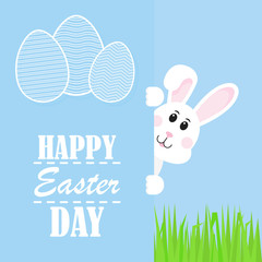Happy Easter, Easter rabbit, Rabbit looks with grass, vector illustration, greeting card, cartoon design