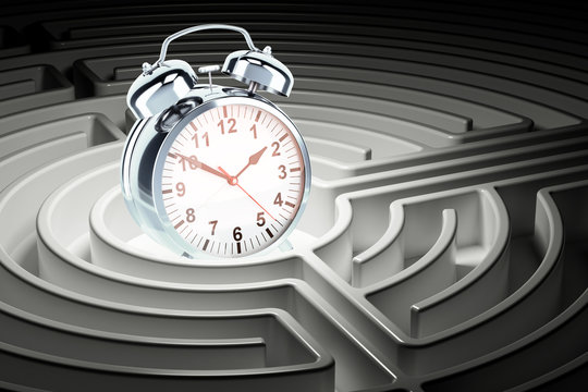 Alarm Clock Inside Labyrinth Maze, 3D Rendering