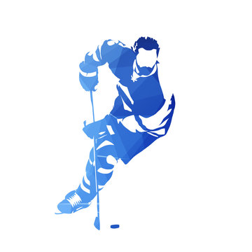 Skating ice hockey player, abstract blue geometric vector silhouette. Front view