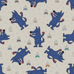 Cute doodle tribal seamless pattern with wolfs.
