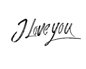 I love you. I heart you. Valentines day calligraphy card. Hand drawn design elements. Handwritten modern brush lettering.