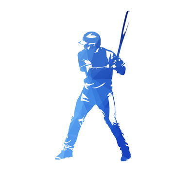 Baseball player with bat, blue geometric isolated vector silhouette
