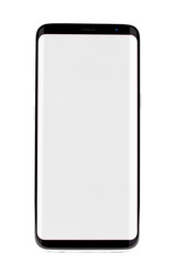 Smartphone with rounded edges front view, isolated on white.