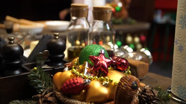 Christmas table setting on wooden, top view. Holidays background. Kitchen wooden table with Christmas decoration