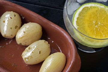 Snack food: cooked onions seasoned with spices