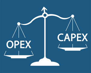 operating versus capital expenses, opex and capex on scales  - obrazy, fototapety, plakaty