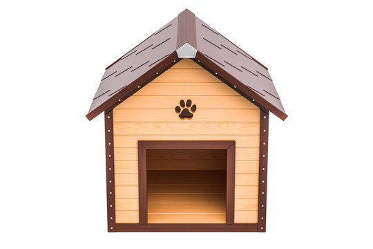 Wooden doghouse front view, 3D rendering