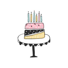 Hand drawn nursery birthday poster with garland and cake in scandinavian style.