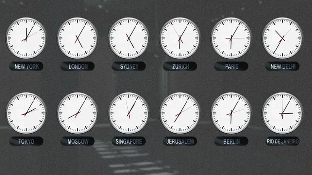 World Clocks with Different Time Zones in Time Lapse