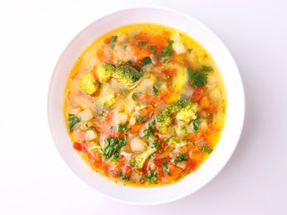Soup on white top view.
