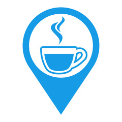 Icono plano localizacion taza cafe humeante azul