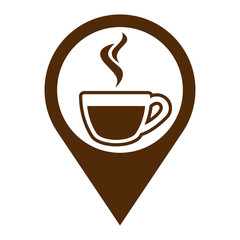Icono plano localizacion taza cafe humeante marron