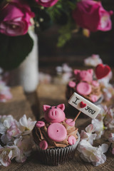 Sweet pig cupcake with I love you sign,selective focus and Valentine day concept
