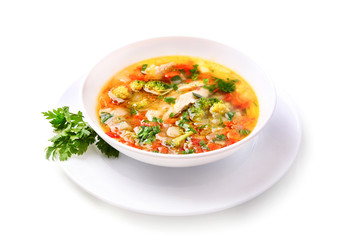 Vegetable chicken soup isolated.