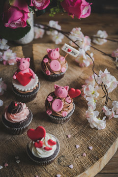 Group of sweet cupcakes with love concept,selective focus and Valentine day background