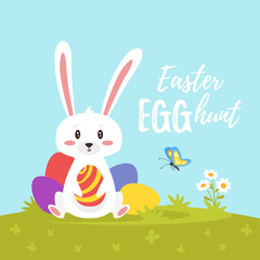 Vector  cartoon style illustration of Easter day greeting card with cute bunny sitting on the meadow with pile of colorful eggs.        Easter egg hunt text.